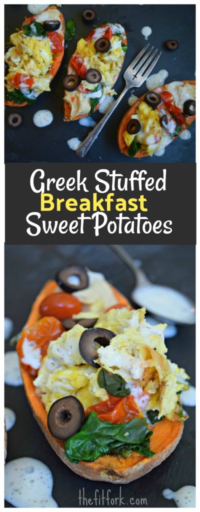 Greek Stuffed Breakfast Sweet Potatoes is a savory, smart way to start the day -- healthy complex carbs, protein from eggs and hummus, and vitamin packed veggies.  Vegetarian and gluten-free, 15 minute recipe.