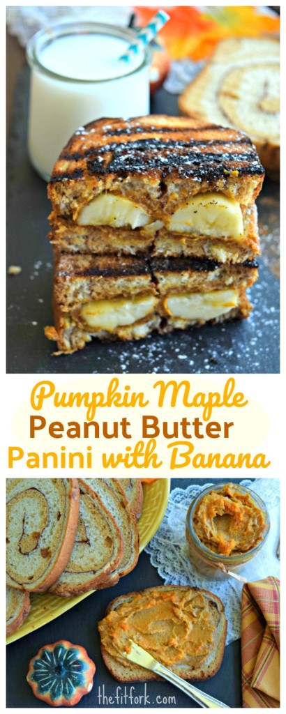 Pumpkin Maple Peanut Butter Panini with Bananas makes a hearty, balanced and yummy breakfast that the kids will love! Equally delicious for a quick and easy lunch or dinner.