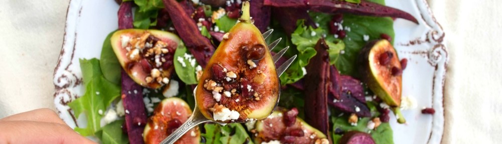 Purple Sweet Potato Salad with Figs, Pomegranate and Balsamic Syrup.