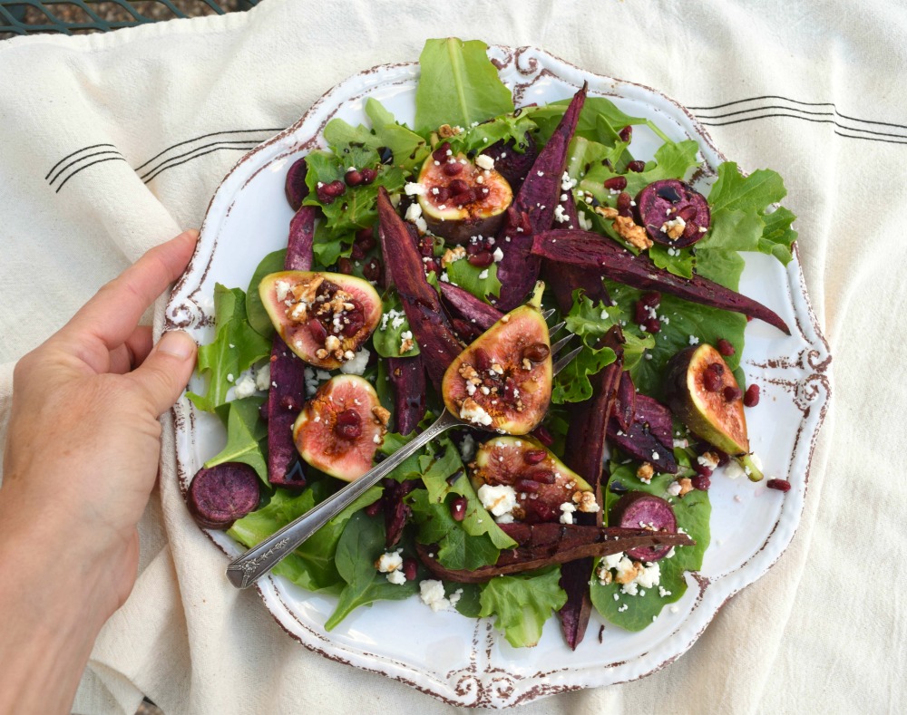 Purple Sweet Potato Salad with Figs, Pomegranate and Balsamic Syrup.