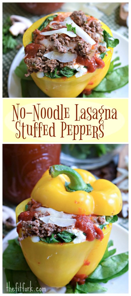 No Noodle Lasagna Stuffed Peppers are an easy 15 minute meal that offers lots of protein, fiber and essential vitamins. Gluten free too