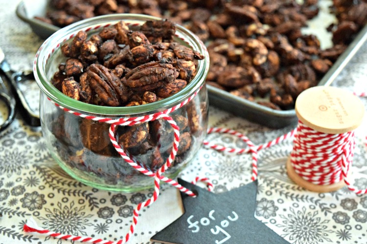 Cocoa Chai Spiced Nuts are an easy, yummy gift made with cocoa powder, date sugar and assorted raw nuts like pecans, cashews and almonds. 