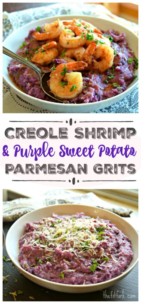 Creole Shrimp with Purple Sweet Potato Parmesan Grits is a unique twist on a southern comfort food.