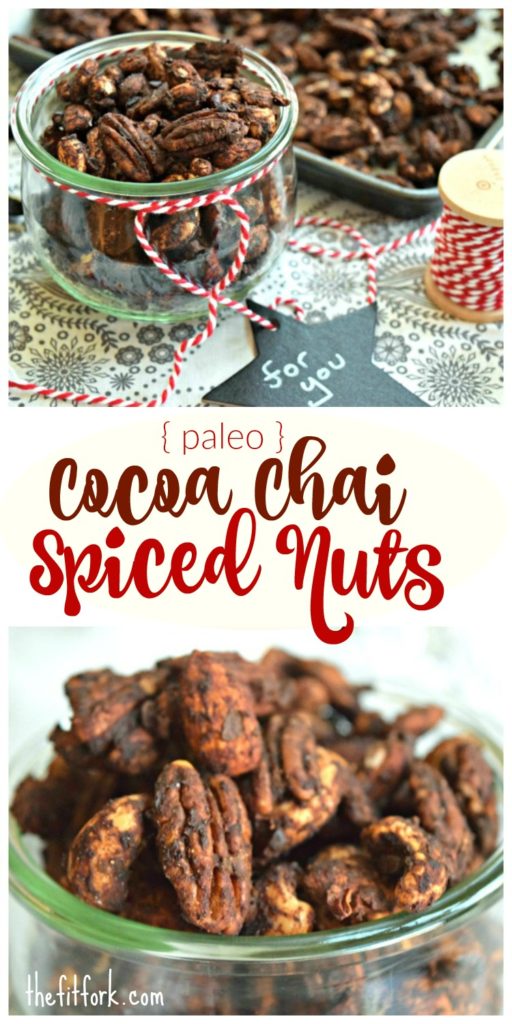 Cocoa Chai Spiced Nuts are an easy, yummy gift made with cocoa powder, date sugar and assorted raw nuts like pecans, cashews and almonds. Perfect for holiday entertaining or as an edible food gift.