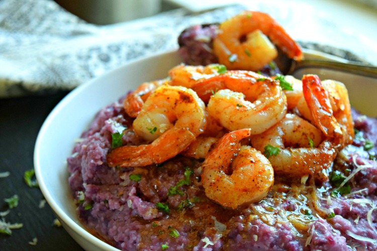 Purple Sweet Potato Grits with Creole Shrimp
