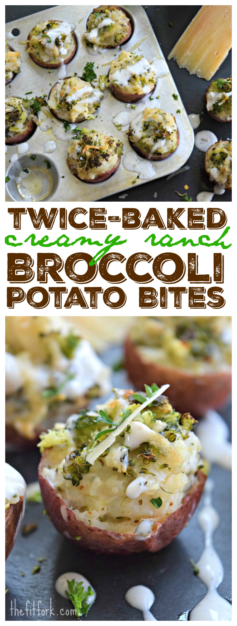 Twice Baked Creamy Ranch Broccoli Potato Bites | thefitfork.com