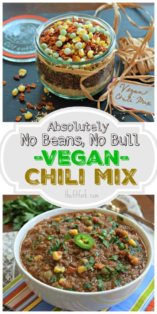 Absolutely No Beans No Bull Vegan Chili Mix is easy to meal prep by layering dry ingredients in a jar and storing in the pantry. When ready to make, simply add vegetable broth and tomato paste to this tasty vegetarian soup.