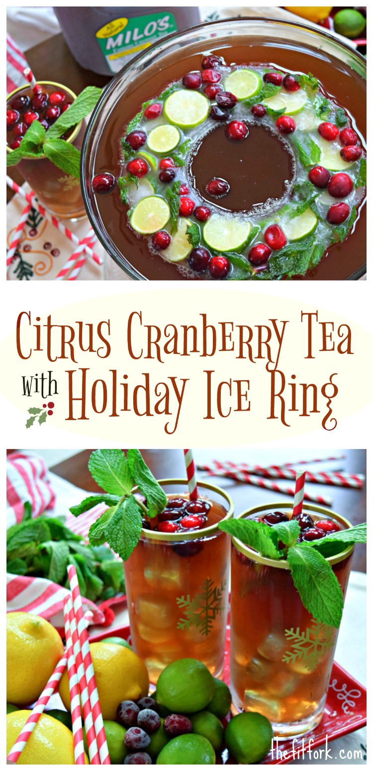Citrus Cranberry Tea with Holiday Ice Ring is a festive addition to your holiday celebration. A non alcoholic libation that's suitable for the entire family. Four ingredient punch an super easy to make ice ring with lemonade, ginger ale, lemons, limes, cranberries and mint. Featuring Milo's Tea #PassTheMilos #Pmedia #ad
