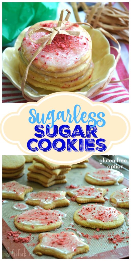 Sugarless Sugar Cookies are delicious sugar free option for your Christmas or other holiday party. Recipe has a variation for gluten free diets. 