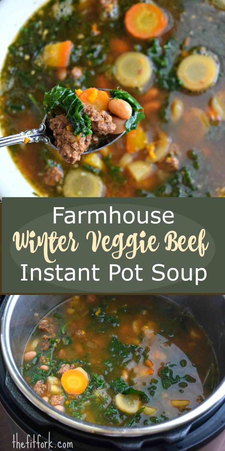  Farmhouse Winter Veggie Beef Instant Pot Soup can be made in 20 minutes thanks to pressure cooking -- all the vegetables beans come out perfect and the beef is browned in the pot first! One dish to clean up!