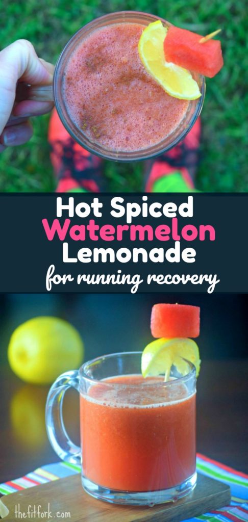 Hot Spiced Watermelon Lemonade for Running and Workout Recovery -- made from fresh watermelon , lemons, turmeric, cinnamon and black pepper. Collagen protein is also added for improved muscle, joint and ligament recovery after exercise..