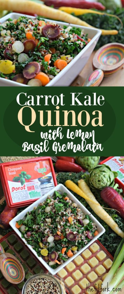 Carrot Kale Quinoa with Lemon Basil Gremolata -- made with meal prepped quinoa, this nutrient-packed recipe is delicious paired with your favorite protein, is packable for lunch (it's good cold) and can also serve as the base for a "bowl" featuring additional ingredients and toppings.