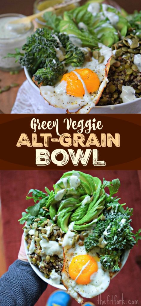 Green Veggie Alt Grain Bowl features a blend of quinoa (a seed) and split peas (a legume). Broccolini, spinach, avocado and pepitas add loads of green goodness for breakfast lunch or dinner. Add an egg on top for extra protein.