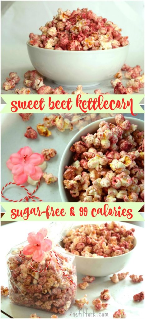 Sugar Free Beet Kettle Corn makes a healthy snack with no sugar and only 99 calories per 4 cups serving. Fun for Valentine's day, baby showers, Easter and other times a pink snack is appropriate!