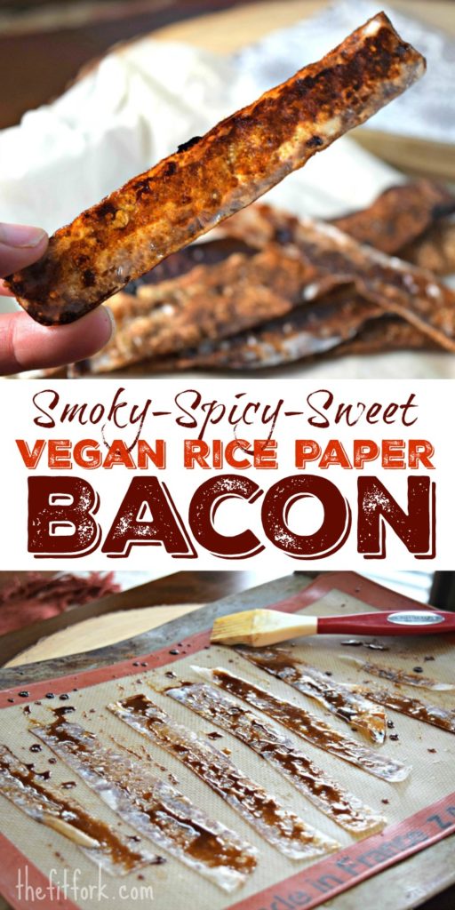 Vegan Rice Paper Bacon tastes amazing like bacon with a sweet-spicy-smoky taste. Easy to make and a great side with your breakfast, topping for veggies or baked potatoes, or savory snack.
