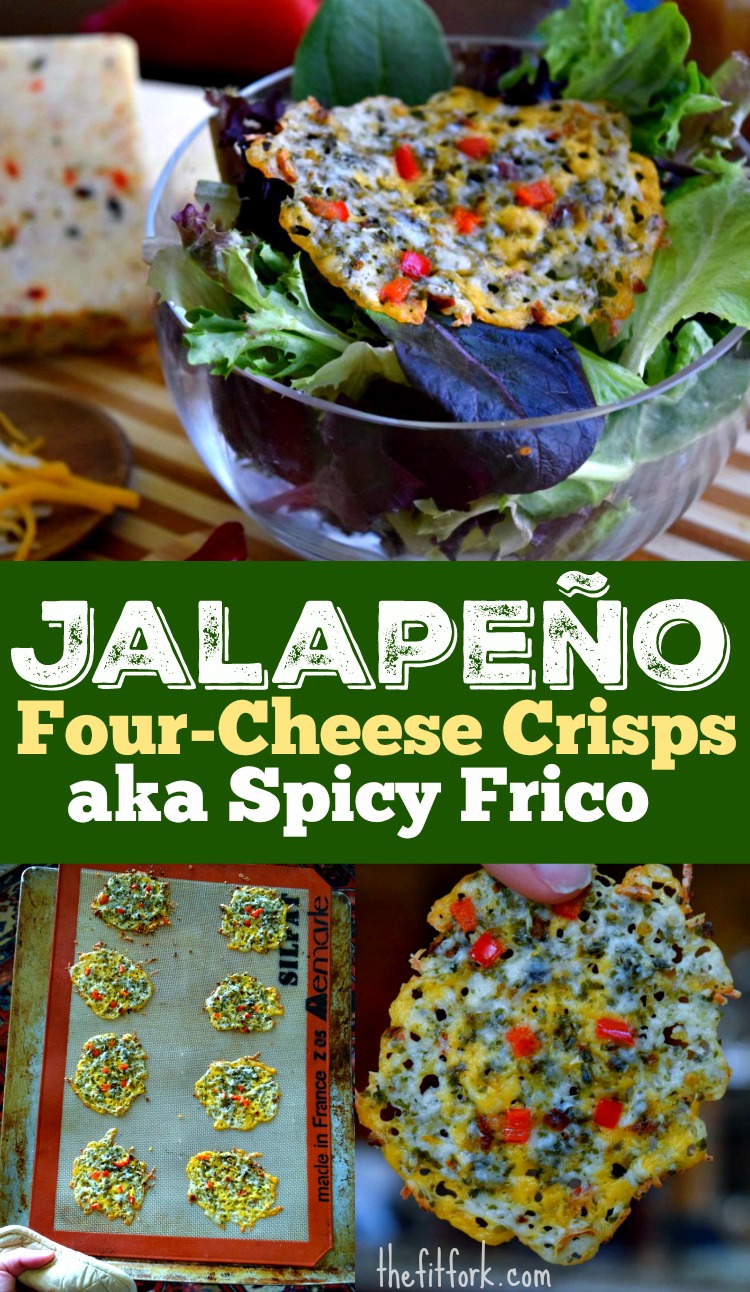 Jalapeño Four-Cheese Frico are a quick and easy snack that is low-carb, keto-friendly, gluten-free, vegetarian, sugar-free and super yummy. Eat off the pan, put on salads, use as a chip for snacking.