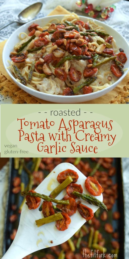 Roasted Tomato Asparagus Pasta with Cream Garlic Sauce -- this easy pasta recipe is great for vegan and gluten-free diets -- no dairy, no soy, no animal protein, no gluten, no sugar -- but lots of delicious taste thanks to the deep, complex flavors from roasted vegetables.