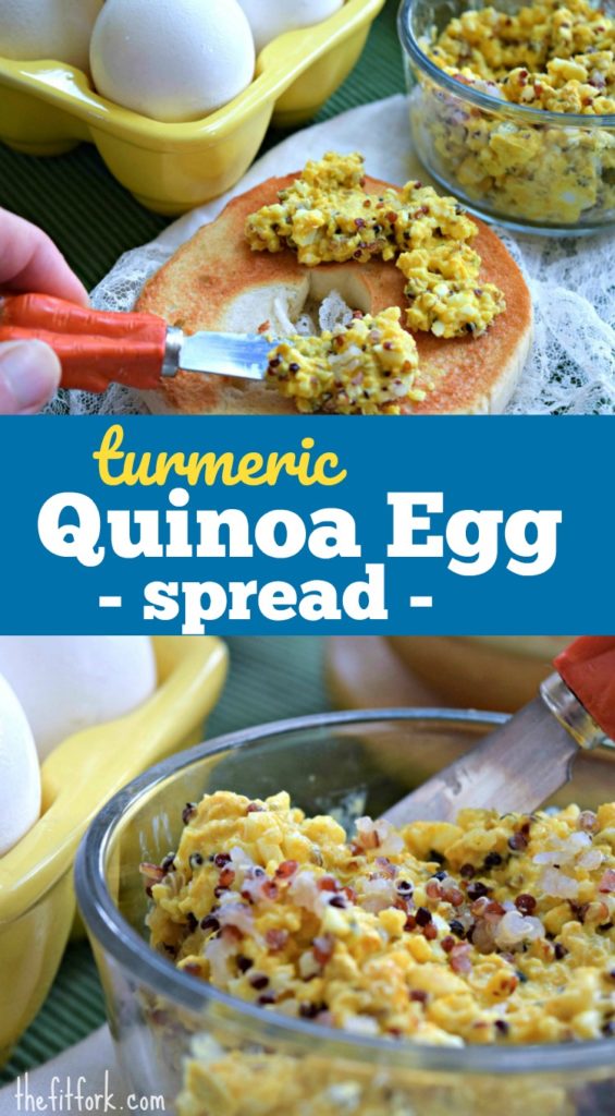 Turmeric Quinoa Egg Salad Spread is a great way to use up leftover eggs -- perfect for breakfast, lunch, a light dinner or snack! Lots of protein.