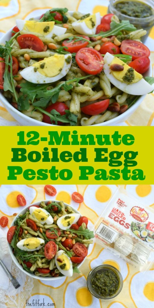 12 Minute Boiled Egg Pesto Pasta makes a quick , healthy, and easy solution for lunch or dinner.