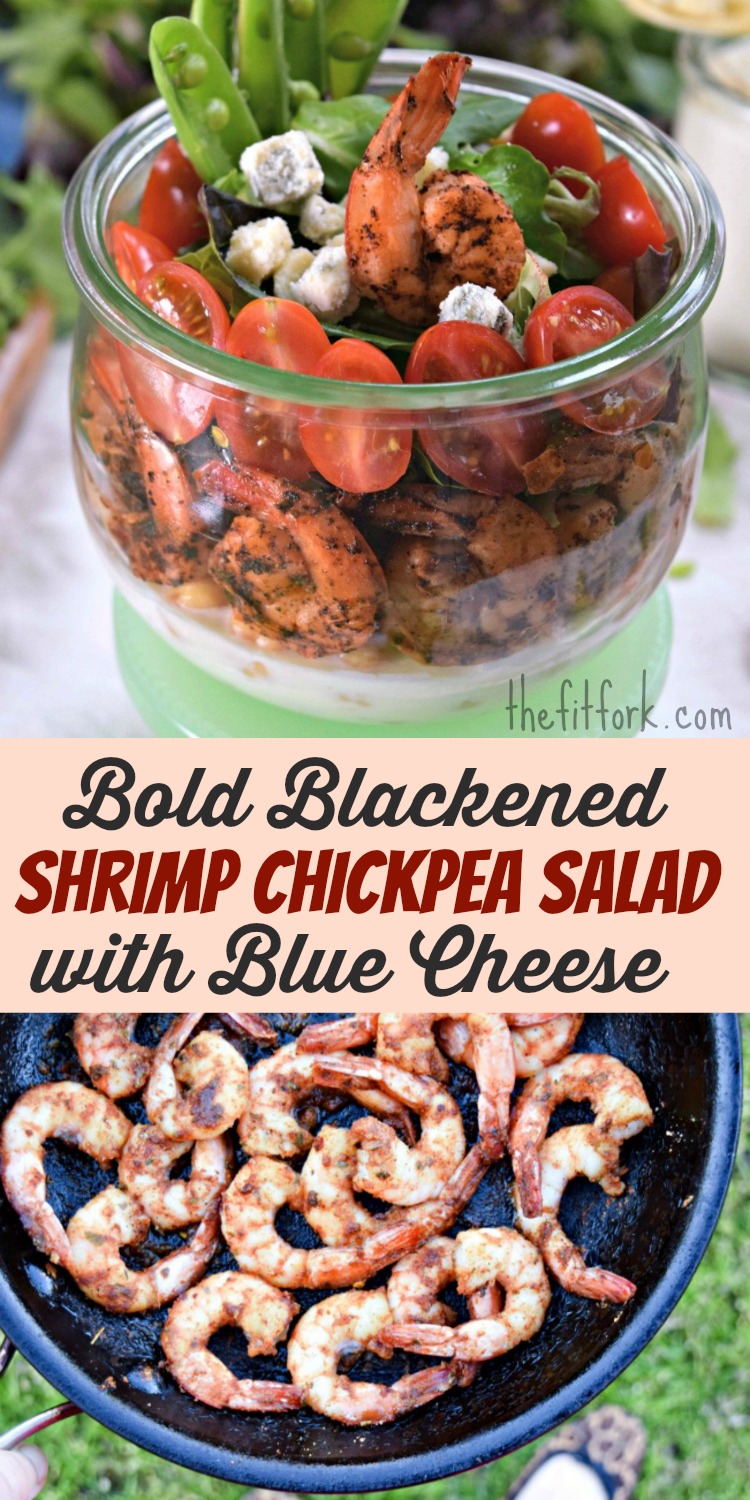 Bold Blackened Shrimp Chickpea Salad with Blue Cheese - a 10 minute salad for a healthy, Mediterranean diet inspired lunch or dinner.