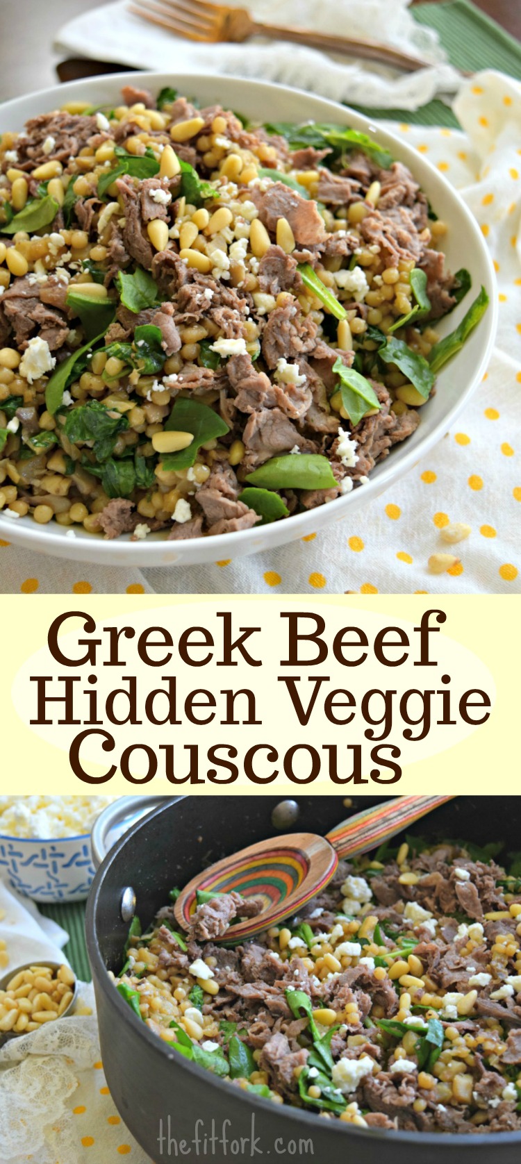 Greek Beef Hidden Veggie Couscous -- is a super easy, quick, one-skillet meal that your family will love! While the spinach is visible, there are more than 4 cups of other hidden vegetables in the dish! Only 311 calories per serving and under 10g fat per serving too! 