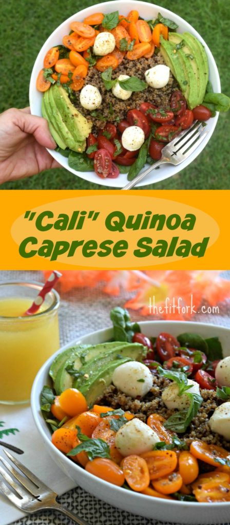 Cali Quinoa Caprese Salad makes a delicious plant-powered entree salad with fresh mozzarella, quinoa and sweet little tomatoes all dressed in a orange vinaigrette.