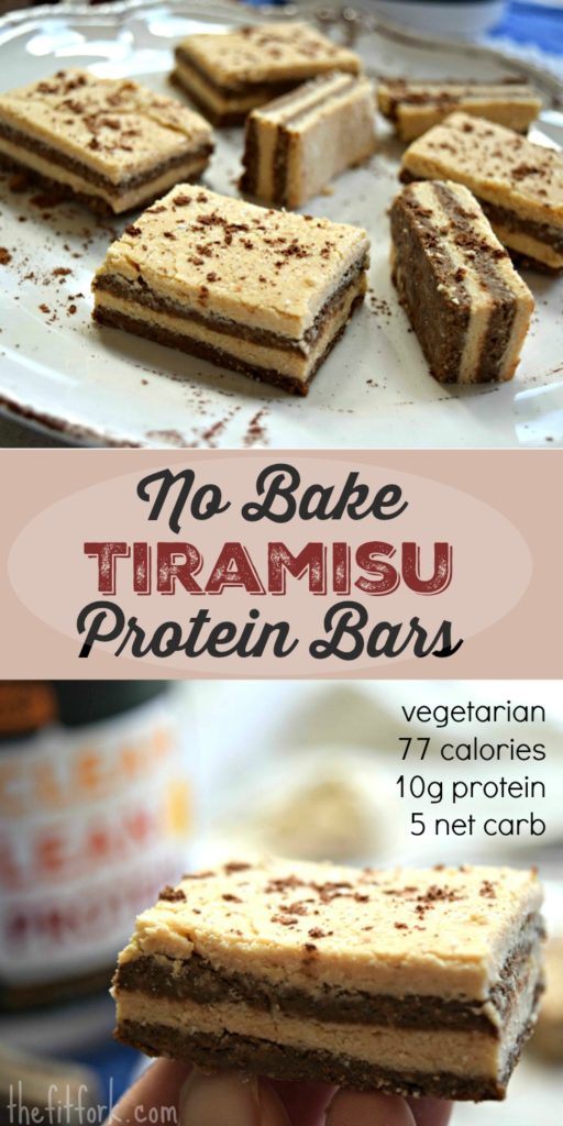No Bake Tiramisu Protein Bars offer 10 grams of vegetarian protein for only 77 calories. 2.2g fat and 5 net carbs - perfect for your low carb or keto lifestyle.
