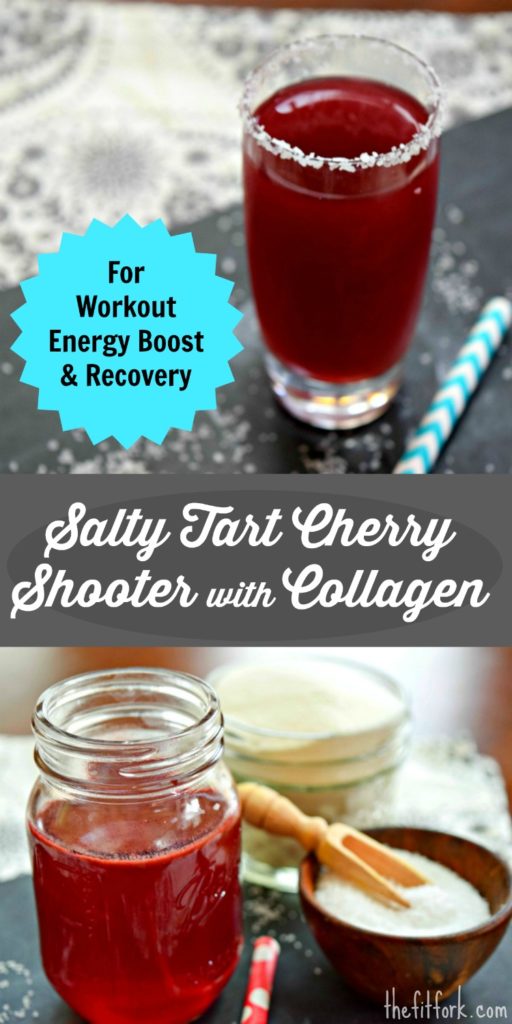 Salty Tart Cherry Shooter - this 3 ounce shooter won't fill you up before a workout, yet offers natural sugars and electrolytes to help support a workout or run and the amino acid L-carnitine to optimize endurance. Also added, a bit of collagen protein powder to support lean muscle mass and quicken the post workout recovery period.