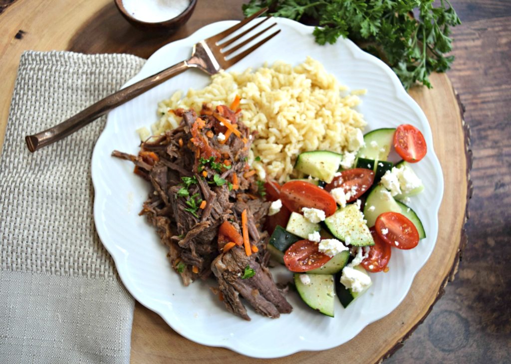 Mediterranean Instant Pot Roast  with rice and greek salad