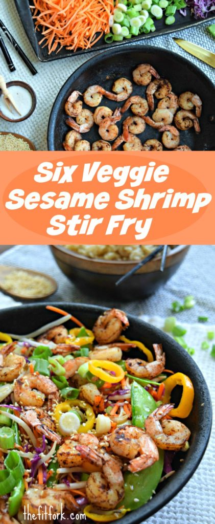 ix Veggie Sesame Shrimp Stir Fry is a fit, fresh and fast meal your family will love. Get this gluten-free, paleo friendly meal on the dinner table in 15 minutes!
