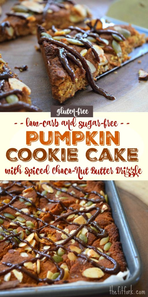  Pumpkin Cookie Cake with Spiced Chocolate Nut Butter Drizzle -this a smart dessert or snack recipe that is low carb, sugar free, gluten free, paleo, keto and diabetic friendly. It uses Allulose which is a rare, all-natural sweetener that has no impact on the body's blood sugar. A smart fall-season dessert and snack.