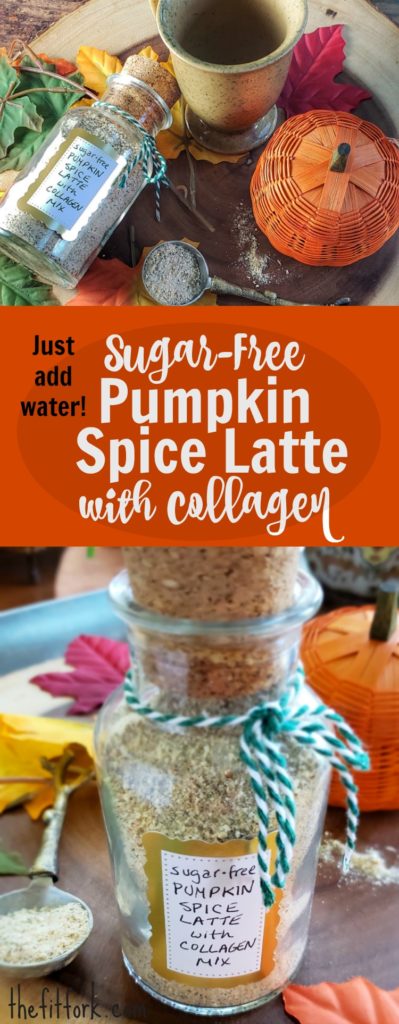 Sugar Free Pumpkin Spice Latte with Collagen - an easy dry drink mix that lets you enjoy the yummy seasonal taste of pumpkin spice and the benefits of collagen hydrolysate protein. Just add hot water to enjoy wherever you are!