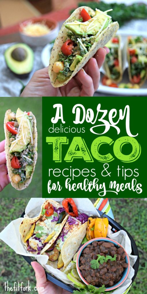 A Dozen Delicious Tacos for Healthy Meals - something for everyone including vegetarian, paleo, keto, gluten free and general balanced healthy diets. Pin for Taco Day, Cinco de Mayo, Weekend Entertaining, Busy Weeknight Meals and more.