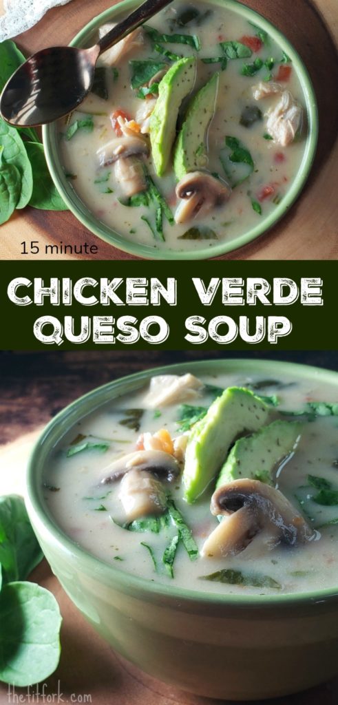Low Carb Chicken Verde Queso Soup - this 15 minute meal is speedy and satisfying, relying on convenience items like pre-cooked (or meal prepped) chicken breast, canned tomatoes and salsa, along with fresh veggies. It's also gluten free and makes great leftovers.