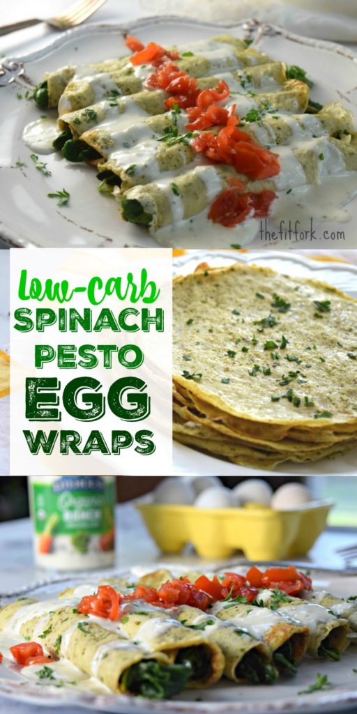 Low Carb Spinach Pesto Egg Wraps make a great breakfast, lunch or dinner and work for Keto, Paleo, low-carb, vegetarian and gluten-free diets. Egg wraps can be meal prepped, even frozen, and then stuffed with the spinach when ready to eat.