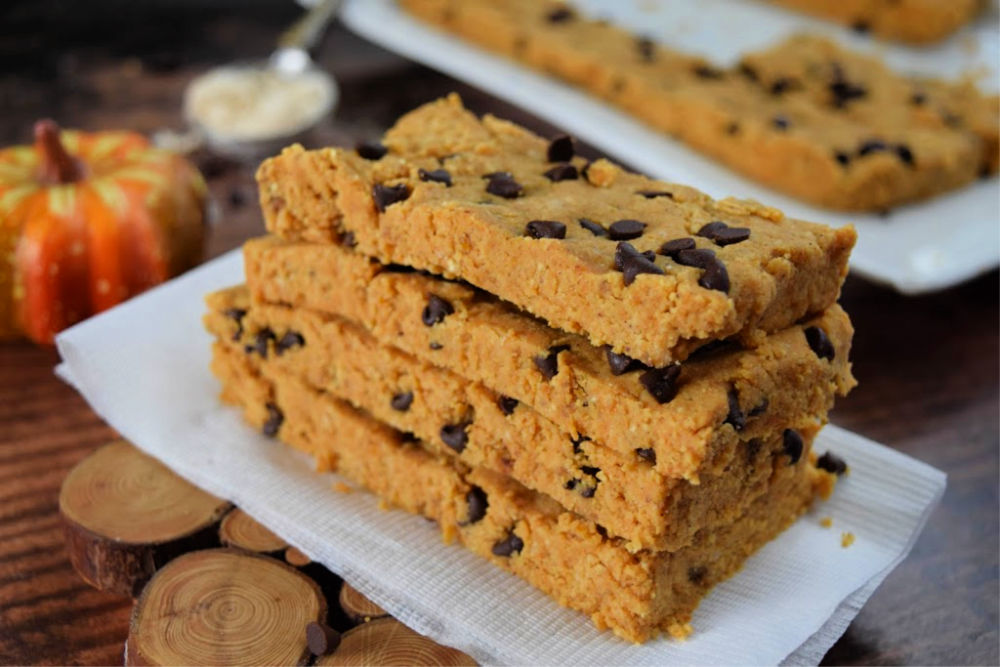 Low Carb Chocolate Chip Pumpkin Protein Bars - Keto, Paleo, Gluten-free, Sugar-free, with easy Vegan option. And, No-cook to make snack life super easy!