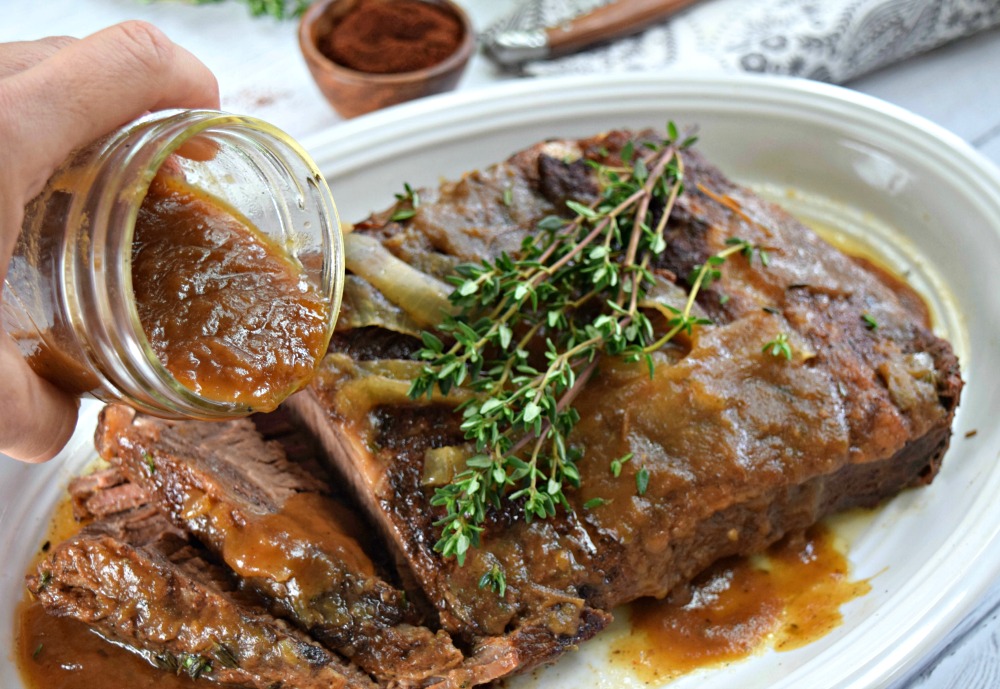 Ancho Apple Cider Brisket in Instant Pot - make a hearty, healthy beef dinner for your family in just 1 1/2 hours (45 minutes cooking time, 45 minutes instant pot pressure and release time). Spices are seared on before cooking for maximum flavor and a sweet-savory finishing sauce is made with cooking liquids. So yummy and a great solution for busy day meals. 
