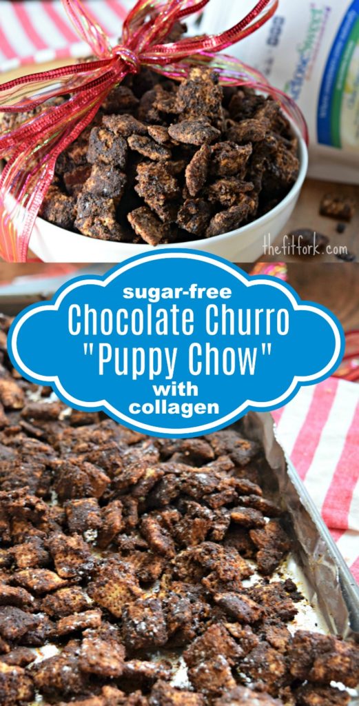 Sugar Free Chocolate Churro Puppy Chow with Collagen makes a great lower carb and protein snack for your holiday entertaining or for edible gift giving. So thoughtful to give a homemade food gift to friends and family, especially a sugar free snack recipe that keeps good health in mind! 