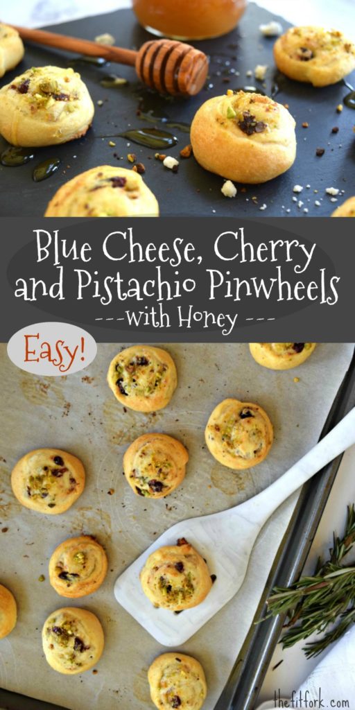 Blue Cheese Cherry Pistachio Pinwheels with Honey is a quick and easy appetizer recipe for holiday entertaining. 