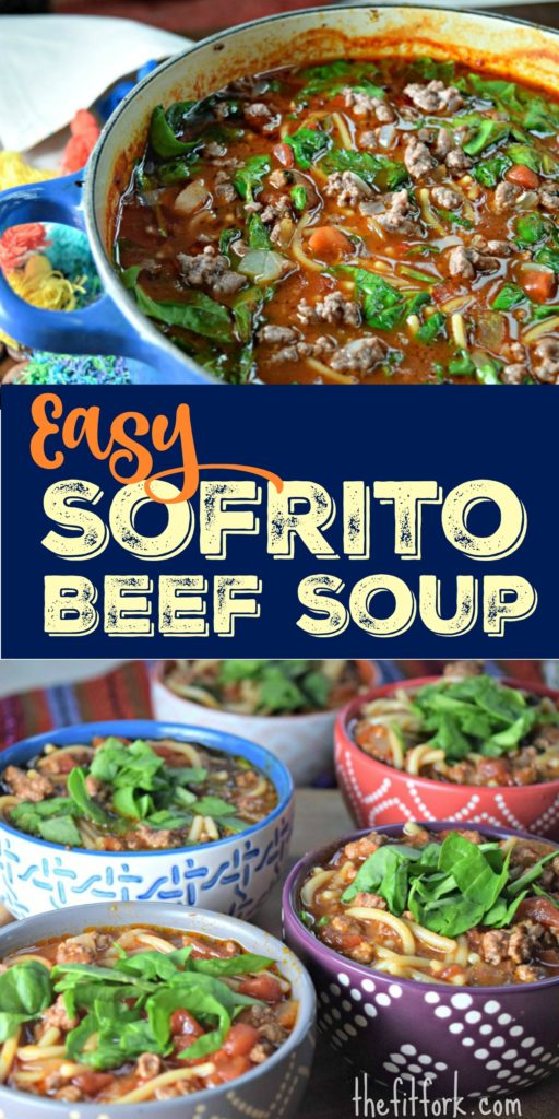 Sofrito Beef Soup with Noodles -- this family friendly soup takes only 20 minutes to make and very family friendly for lazy weekends or busy weeknight dinners. A great substitution for chili for cold winter meals and football grub