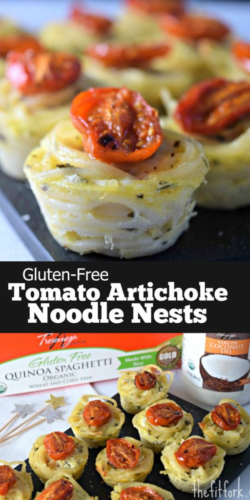 Gluten Free Tomato Artichoke Noodle Nests are a vegetarian appetizer that pasta lovers and everyone will love when holiday entertaining or at your next party. Leftovers are also great for breakfast, like little mini quiches.