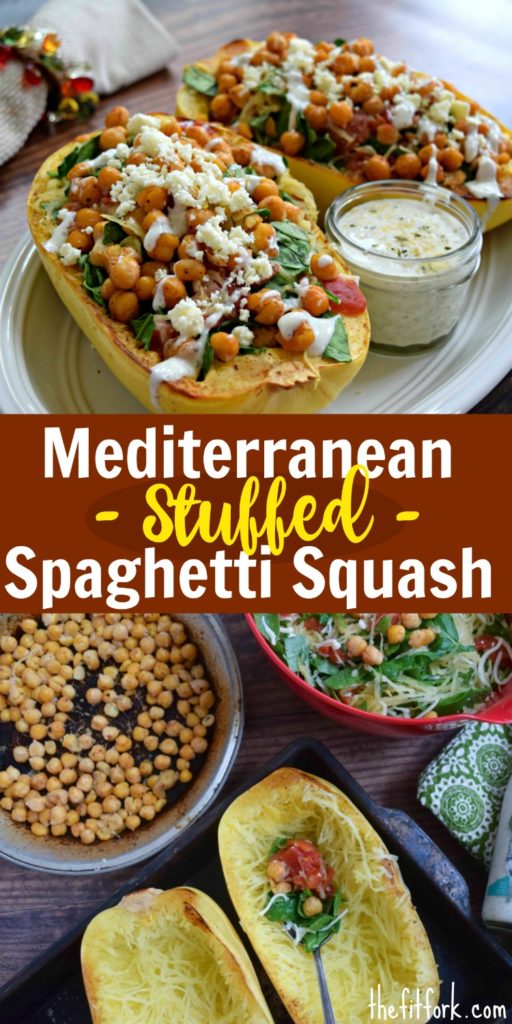 Mediterranean Stuffed Spaghetti Squash is a lower calorie, lower carb, gluten-free alternative to a pasta dinner. Featuring plant-based protein, it's also suitable for vegetarian diets. It also meal-preps well! 