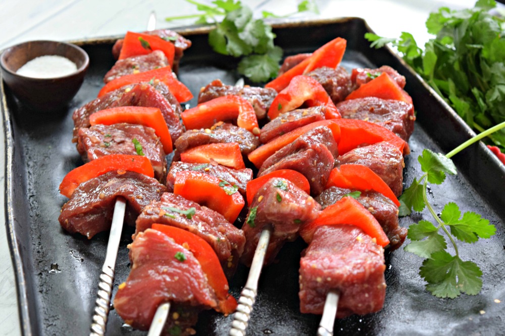 beef kebabs ready to grill