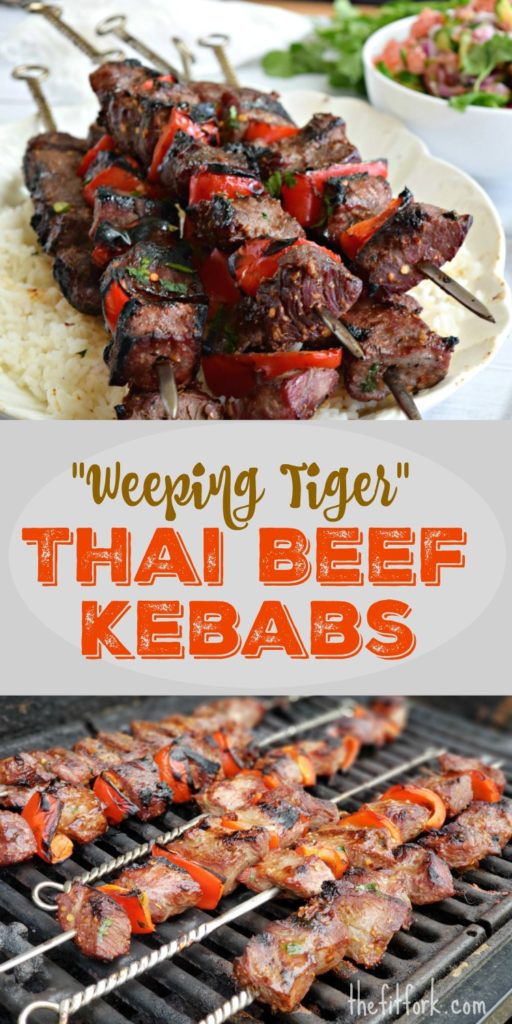 "Weeping Tiger" Thai Beef Kebabs are spicy-sweet, smoky recipe that's super simple to make with sirloin steak or another tender beef cut! Protein packed and suitable for Paleo, keto and low carb diets.