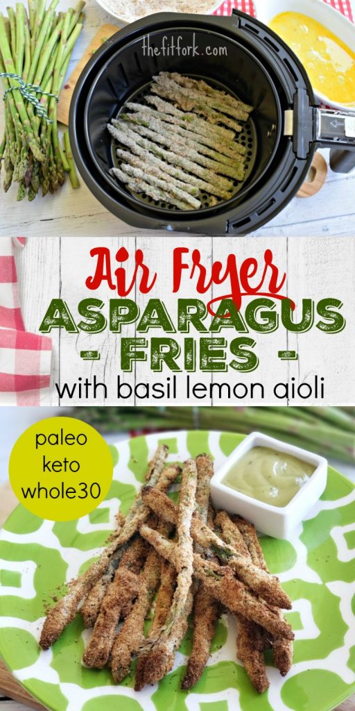 Air Fryer Asparagus Fries with Basil Lemon Aioli are a yummy side or snack that is compliant with keto, paleo and whole30 diets. They cook up in 8 minutes in an air fryer and are kid-freindly!