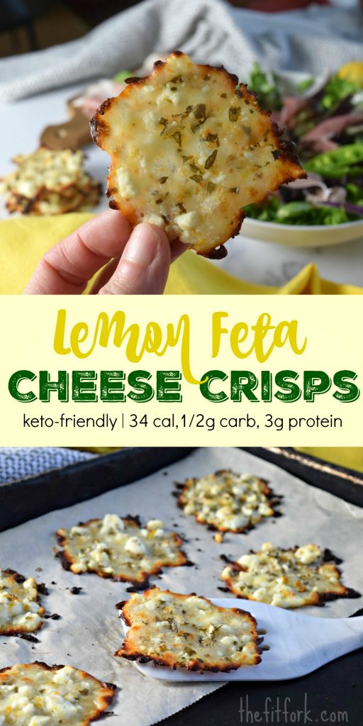 Lemon Feta Cheese Crisps are a low carb snack with 34 calories, 3 grams protein and only 1/2 gram carb per piece. Great for keto and diabetic friendly diets. 