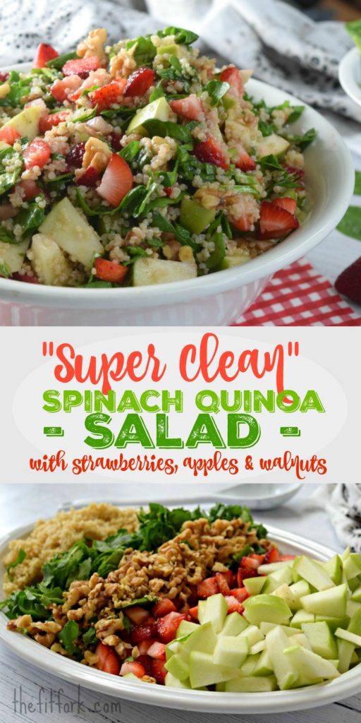 Super Clean Strawberry Apple Spinach Salad is perfect for your next party, picnic or potluck . .it's also great for meal-prepping for healthy lunches. Walnuts and spinach add extra texture, heart-healthy fats and protein.