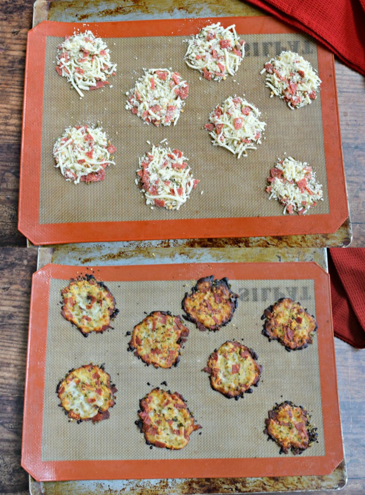 Pepperoni Cheese Crisps - before and after baking