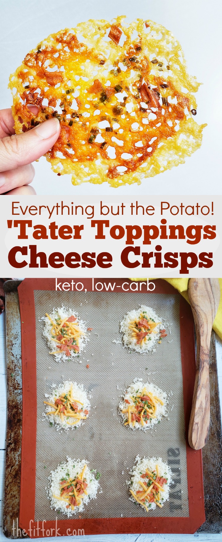 Everything but the Potato Tater Toppings Cheese Crisps are delicious and easy to make snack, fitting in with a keto diet or low carb lifestyle. 10 minutes to make, 99 calories per piece, and only 0.6 grams carbohydrate. 