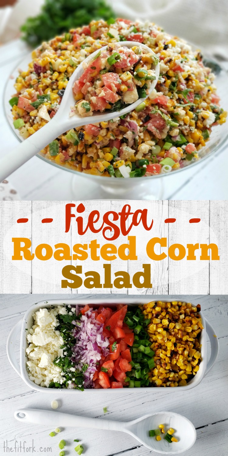 Fiesta Roasted Corn Salad -- this south-of-the-border inspired side dish (sometimes called esquites) is easy to make, delicious and can be sized up for a crowd. Perfect for grill outs and patio parties this summer. 